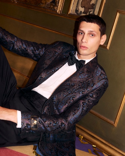 Model wearing Etro Holiday Collection suit