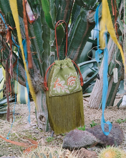 SMALL LINEN-BLEND KALISPERA BAG WITH EMBROIDERY AND FRINGES