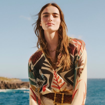 Model wearing a Etro x Tabby Booth shirt