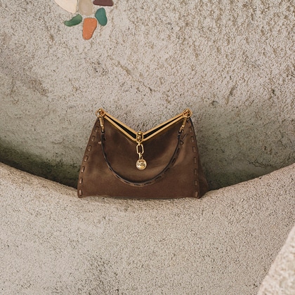 Medium brown suede Etro Vela Bag with threading