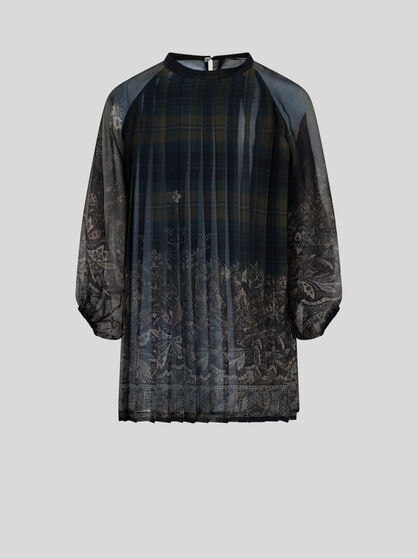 PLEATED DRESS IN LIGHTWEIGHT CREPON WITH PLACED PRINT