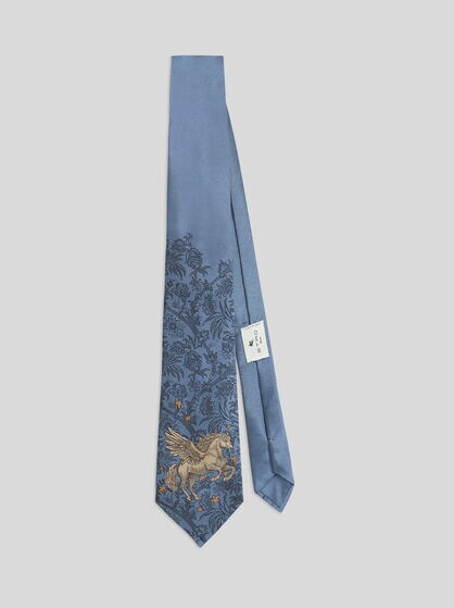SILK JACQUARD TIE WITH PLACED PEGASO AND FLORAL MOTIF