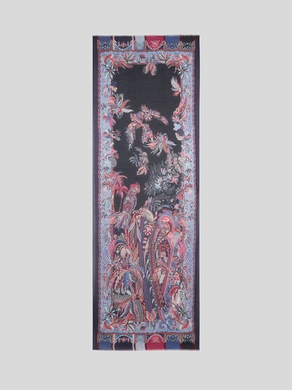 MODAL AND CASHMERE SCARF WITH PLACED PARROT PRINT AND PAISLEYS
