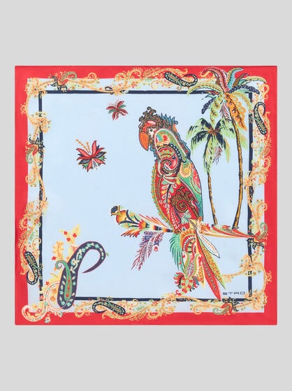 SILK POCKET SQUARE WITH PARROT AND PAISLEY PRINT