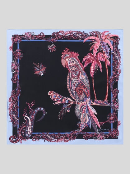 SILK POCKET SQUARE WITH PARROT AND PAISLEY PRINT