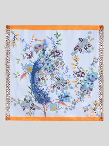 SILK TWILL POCKET SQUARE WITH PEACOCK