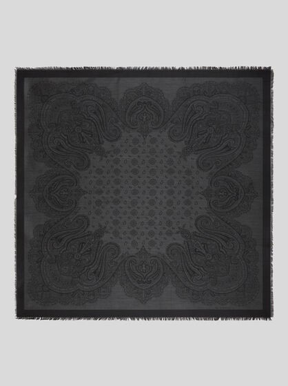 SILK AND WOOL JACQUARD SHAWL WITH TIE MOTIF AND PAISLEYS