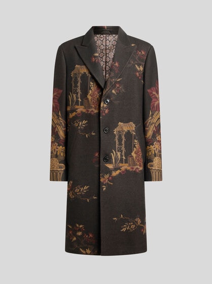 WOOL-BLEND COAT WITH PLACED FLOWER AND ANIMAL PRINT