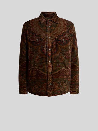 PADDED COTTON CORDUROY SHACKET WITH PLACED FLORAL MEDALLION PRINT