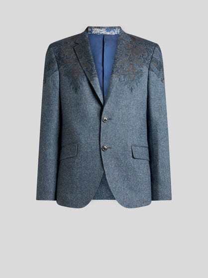 SINGLE-BREASTED WOOL-BLEND JACKET WITH PLACED PAISLEY POCHETTE PRINT