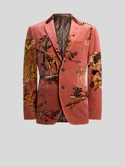 SINGLE-BREASTED COTTON VELVET JACKET WITH PLACED FLOWER AND ANIMAL PRINT