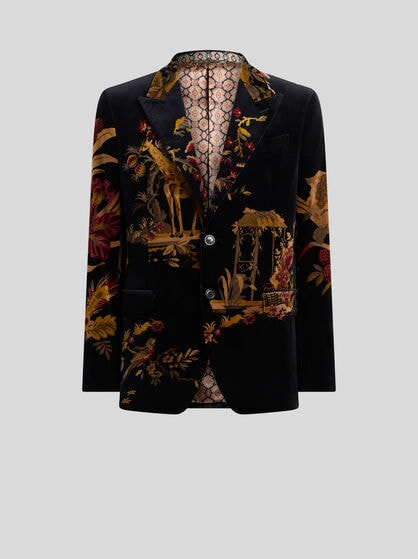 SINGLE-BREASTED COTTON VELVET JACKET WITH PLACED FLOWER AND ANIMAL PRINT