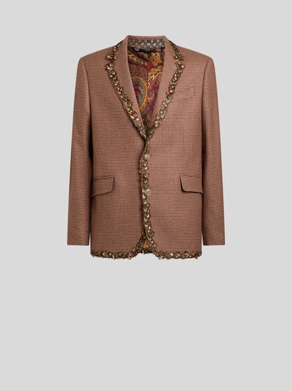 SINGLE-BREASTED WOOL AND CASHMERE JACKET WITH FEATHERS AND MICRO HOUNDSTOOTH MOTIF