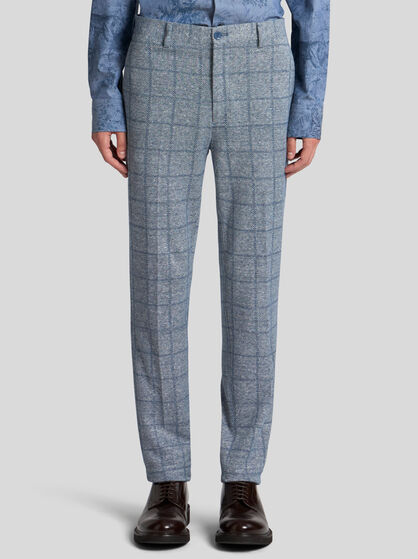 CHECKED LINEN-BLEND TROUSERS