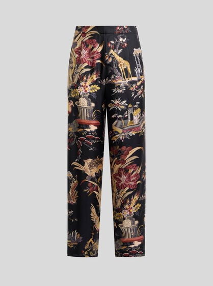 SILK PYJAMA-STYLE TROUSERS WITH FLOWER AND ANIMAL MOTIF