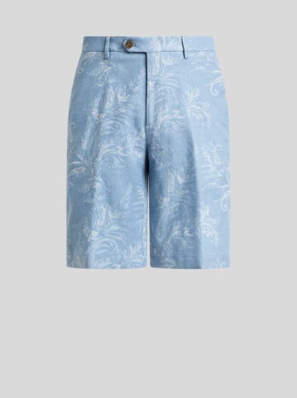 REGULAR-FIT COTTON AND LINEN JACQUARD DENIM SHORTS WITH LEAFY MOTIF