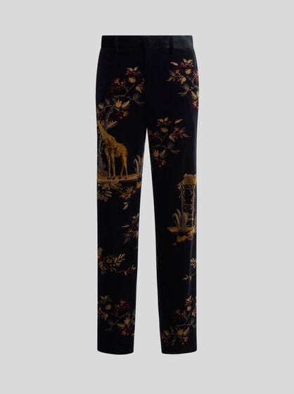 STRAIGHT-LEG COTTON VELVET TROUSERS WITH PLACED FLOWER AND ANIMAL PRINT
