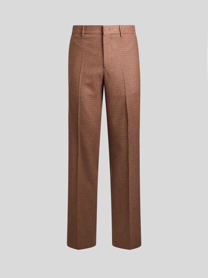 STRAIGHT-LEG WOOL AND CASHMERE TROUSERS WITH FEATHERS AND MICRO HOUNDSTOOTH PATTERN