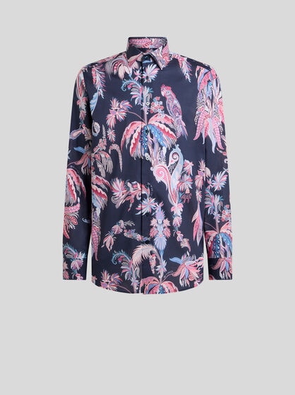 COTTON SHIRT WITH PLACED PARROT AND PALM TREE PRINT