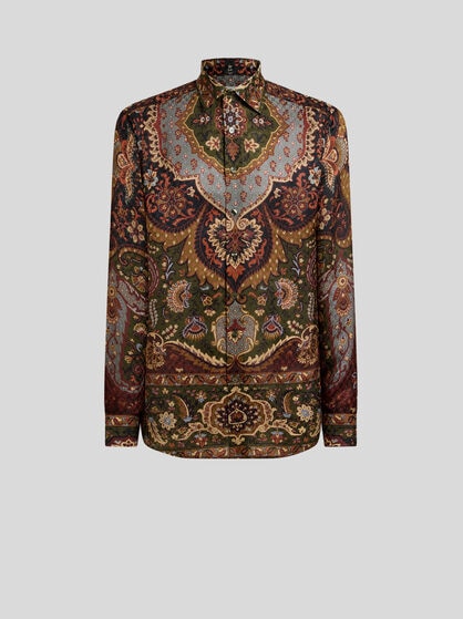 SILK-BLEND JACQUARD SHIRT WITH HOUNDSTOOTH MOTIF AND PRINT