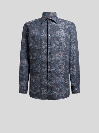COTTON JACQUARD SHIRT WITH FLOWER AND ANIMAL MOTIF