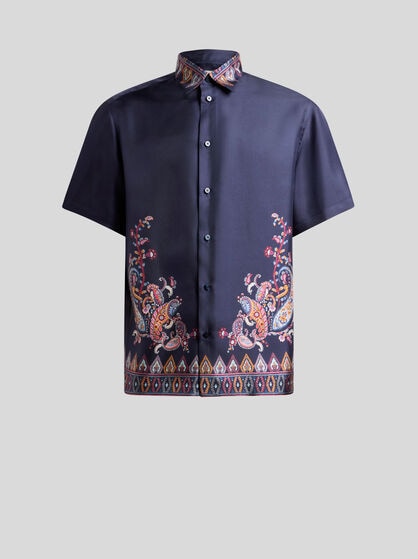 SHORT-SLEEVED SILK SHIRT WITH PLACED PRINT