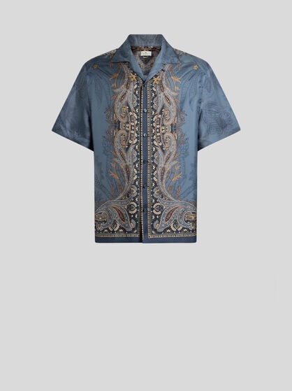 SILK BOWLING SHIRT WITH PLACED PEGASO PRINT
