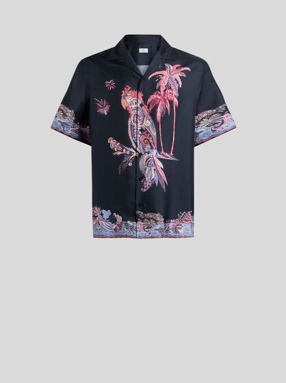 COTTON BOWLING SHIRT WITH PLACED PARROT PRINT