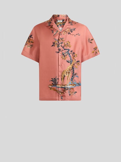 SILK BOWLING SHIRT WITH PLACED FLOWER AND ANIMAL PRINT
