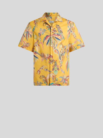COTTON BOWLING SHIRT WITH PLACED PARROT AND PALM TREE PRINT