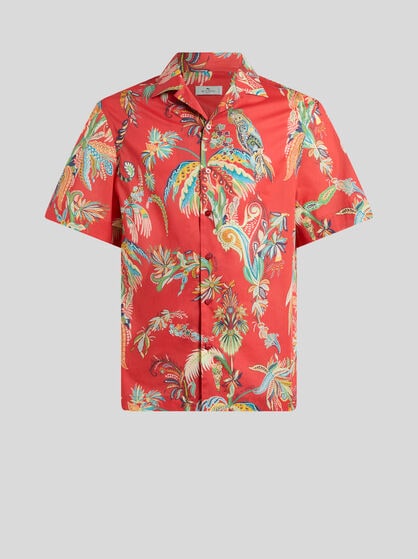 COTTON BOWLING SHIRT WITH PLACED PARROT AND PALM TREE PRINT