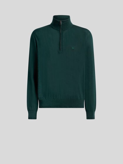 WOOL AND SILK SWEATER WITH ZIP AND PEGASO EMBROIDERY