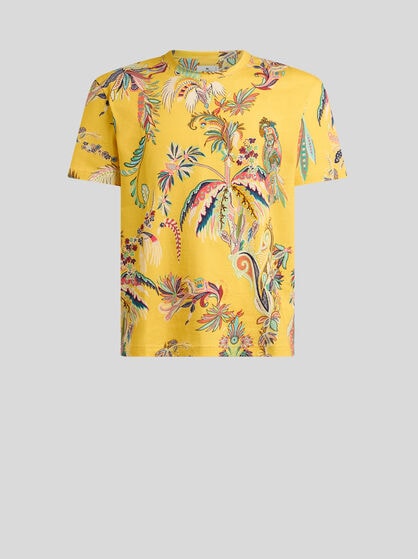 COTTON JERSEY T-SHIRT WITH PARROT AND PALM TREE MOTIF