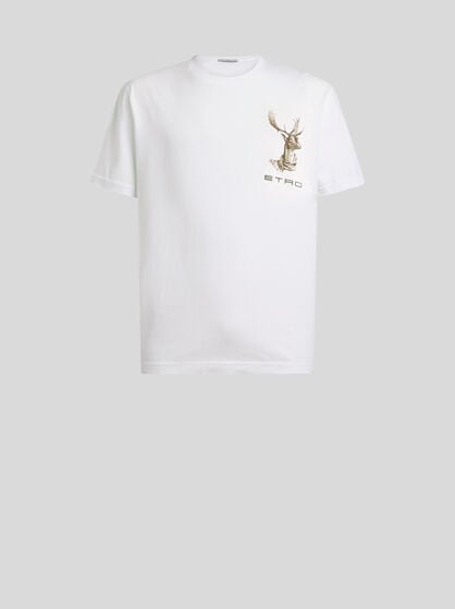 COTTON JERSEY T-SHIRT WITH ETRO EMBROIDERY AND MOOSE PRINT