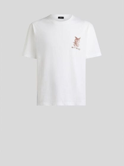 COTTON JERSEY T-SHIRT WITH ETRO EMBROIDERY AND OWL PRINT