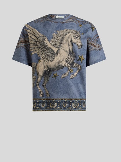 COTTON JERSEY T-SHIRT WITH PLACED PEGASO PRINT