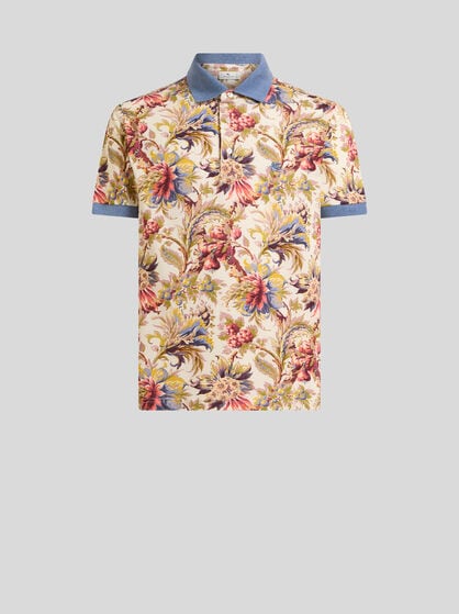 COTTON PIQUE POLO SHIRT WITH PLAIN-COLOUR DETAILS AND FLORAL MOTIF