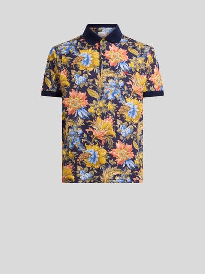 COTTON PIQUE POLO SHIRT WITH PLAIN-COLOUR DETAILS AND FLORAL MOTIF
