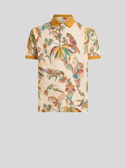 COTTON PIQUE POLO SHIRT WITH PARROT AND PALM TREE MOTIF