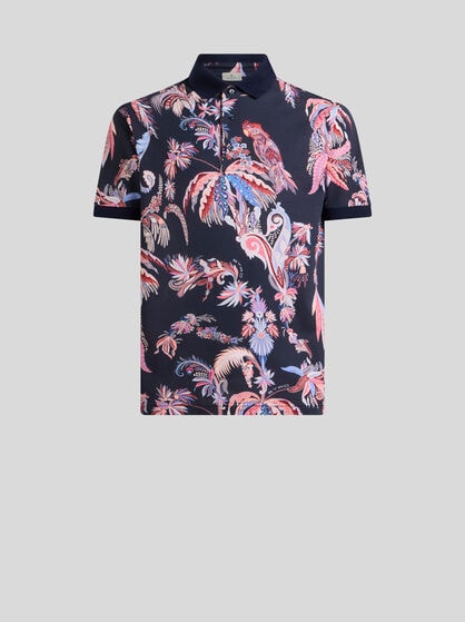 COTTON PIQUE POLO SHIRT WITH PARROT AND PALM TREE MOTIF