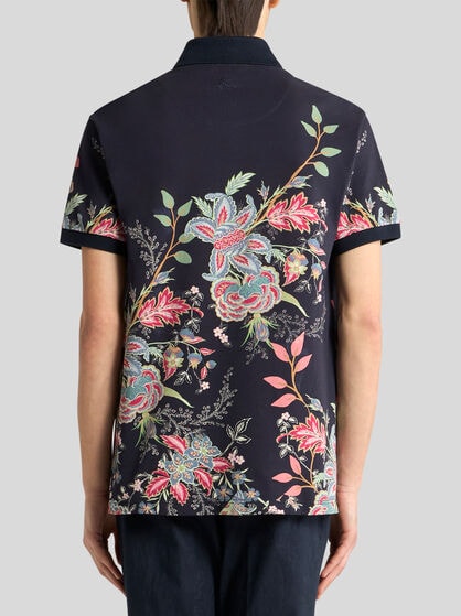 COTTON POLO SHIRT WITH FLOWERS AND PEACOCK