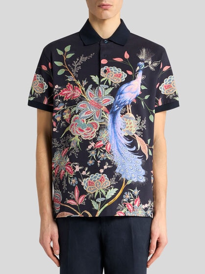 COTTON POLO SHIRT WITH FLOWERS AND PEACOCK