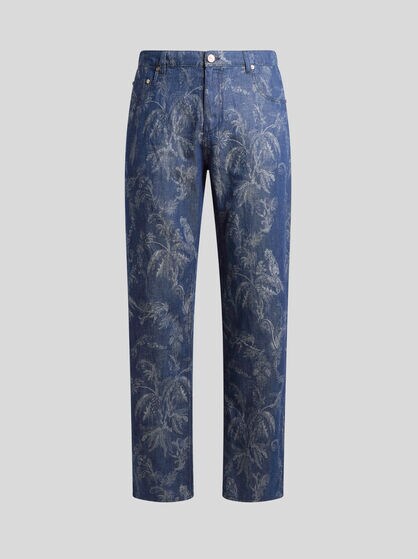 STRAIGHT-LEG JEANS IN COTTON AND LINEN JACQUARD DENIM WITH PARROT AND PALM TREE MOTIF