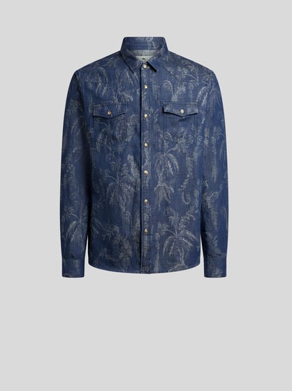 SHIRT IN COTTON AND LINEN JACQUARD DENIM WITH PARROT AND PALM TREE MOTIF