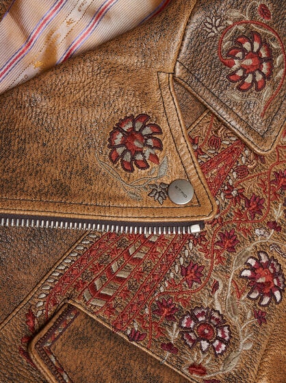 LEATHER BIKER JACKET WITH EMBROIDERY
