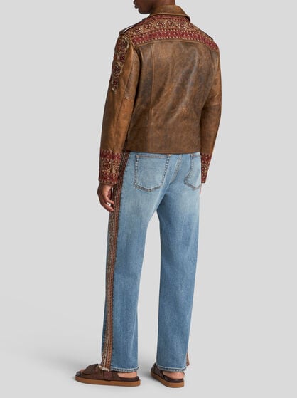 LEATHER BIKER JACKET WITH EMBROIDERY