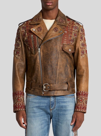 LEATHER BIKER JACKET WITH EMBROIDERY