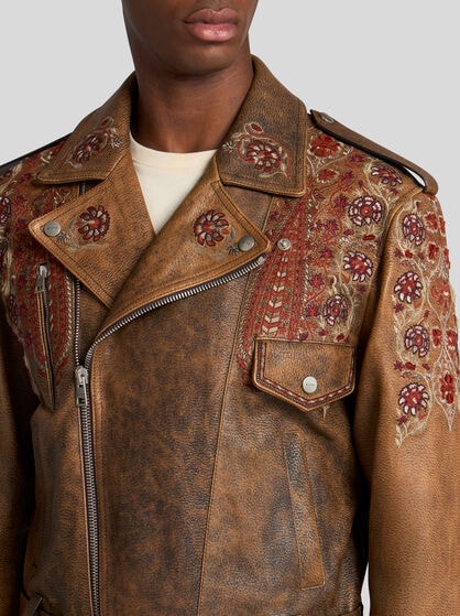 LEATHER BIKER JACKET WITH EMBROIDERY