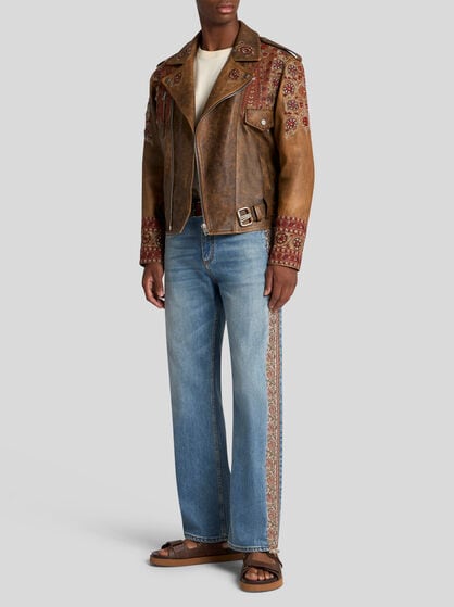 LEATHER BIKER JACKET WITH EMBROIDERY