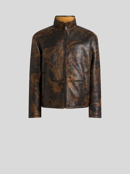 LEATHER BOMBER JACKET WITH SHEARLING AND ANIMAL AND FLORAL PRINT
